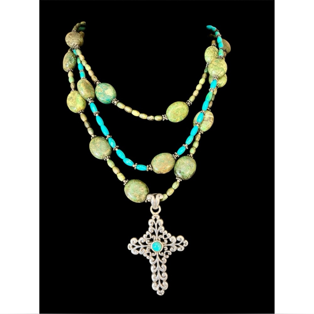 Barse 925 Thai Sterling Silver Cross Necklace - Turquoise and green Stone